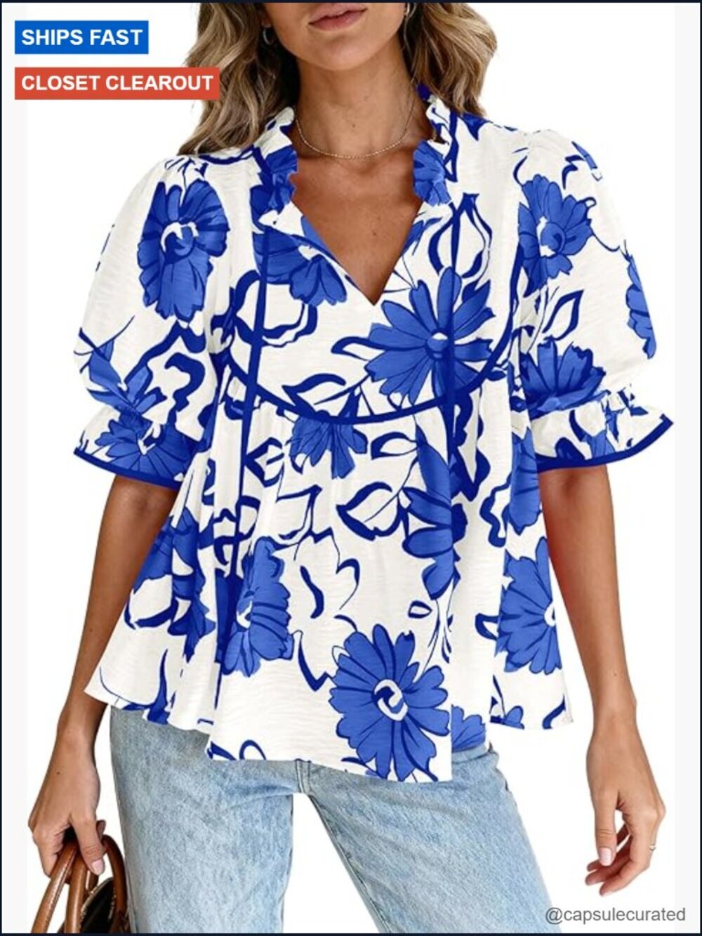 Boho Floral Peplum Babydoll Top Puff Sleeve V Neck Flowy Blouse